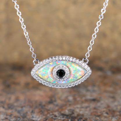 Bohemian Silver Opal Wicked Eye Pendant Necklace with Black Zircon - Perfect for Parties and Casual Dresses