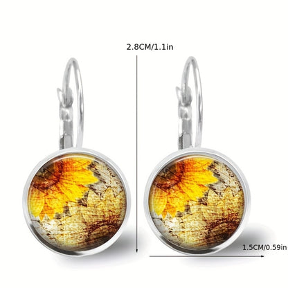 Vintage round sunflower pattern pendant earrings, simple retro style silver-plated jewelry, fashionable women's gifts