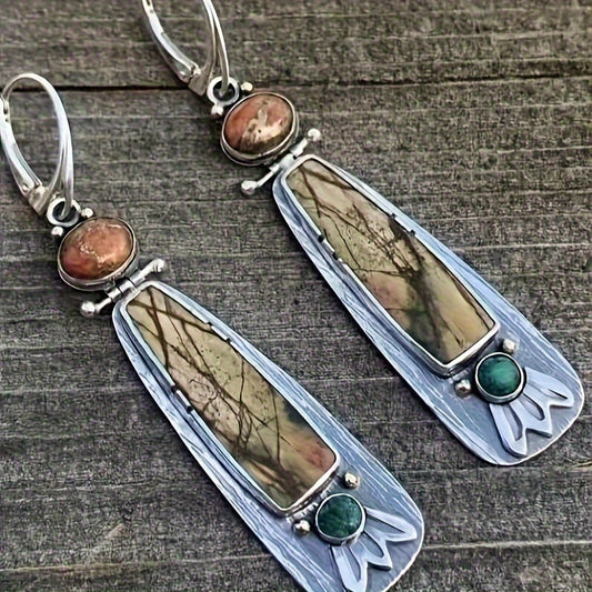 A pair of bohemian tribal-style silver zinc alloy drop earrings with synthetic gemstones and iron ear needles, long drop earrings for everyday wear