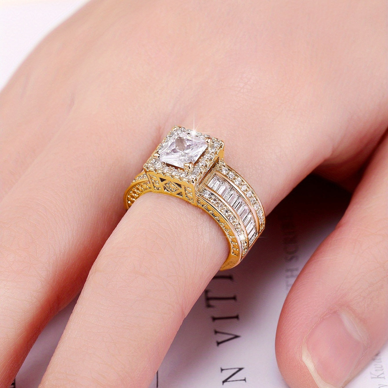Luxurious Ring 18k Gold Plated Inlaid Square Cut zirconia Engagement Wedding Jewelry For Female Anniversary Birthday Gift