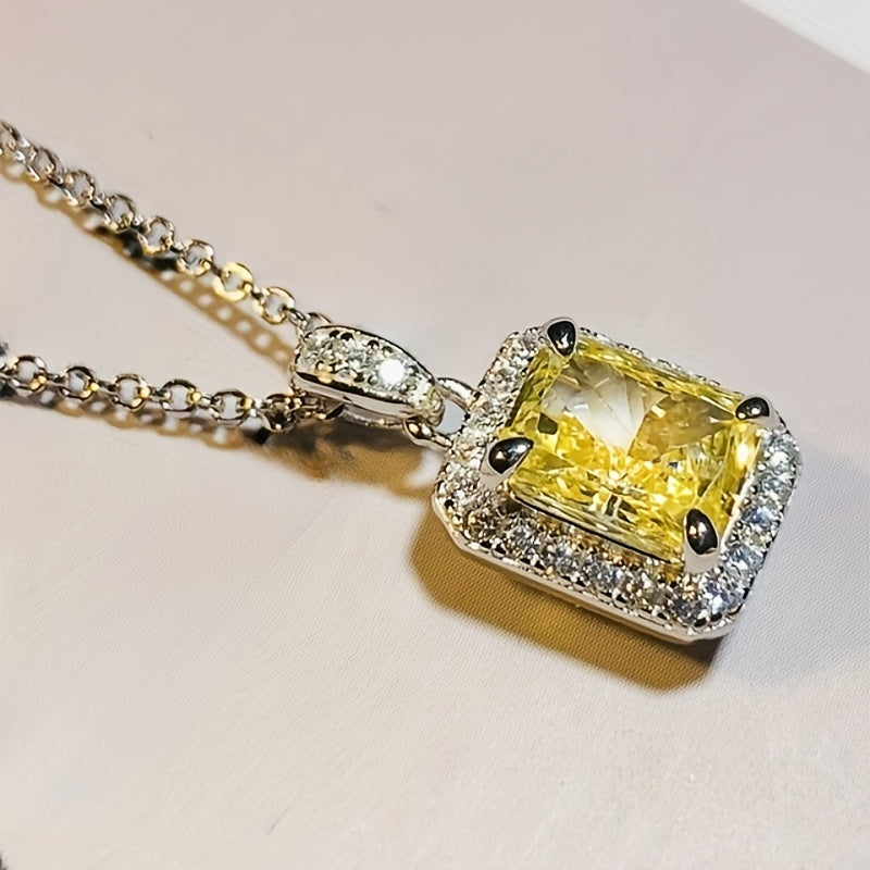 Elegant yellow rectangular synthetic gemstone pendant necklace with zircon embellishment, women's daily casual vacation jewelry, suitable for sweet dates, birthday gifts