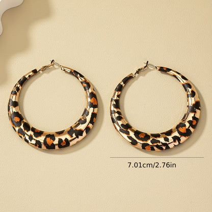 Leopard print pattern thick ring earrings, retro bohemian style alloy jewelry, suitable for daily casual wear