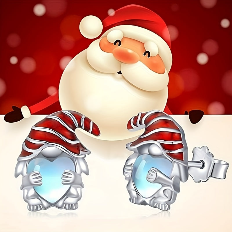 Elegant and cute moonstone heart stud earrings with red Christmas hat - nickel-free copper for everyday wear or holiday parties