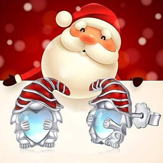 Elegant and cute moonstone heart stud earrings with red Christmas hat - nickel-free copper for everyday wear or holiday parties