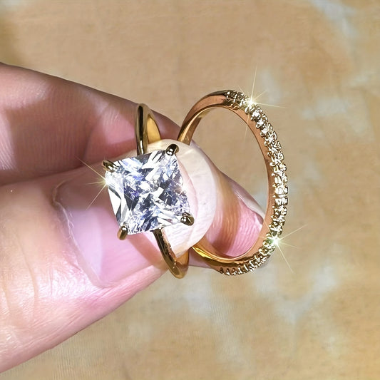 Ladies Engagement and Proposal Ring Set - Two-piece Set Super Shining Elegant Light Luxury Classic Large Bead Synthetic Zircon Ring