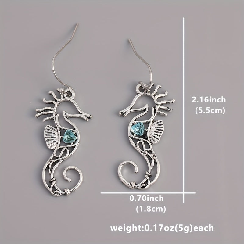 Ocean Blue Stone Hook Drop Earrings with Seahorse Animal Vintage Metal Design Ladies