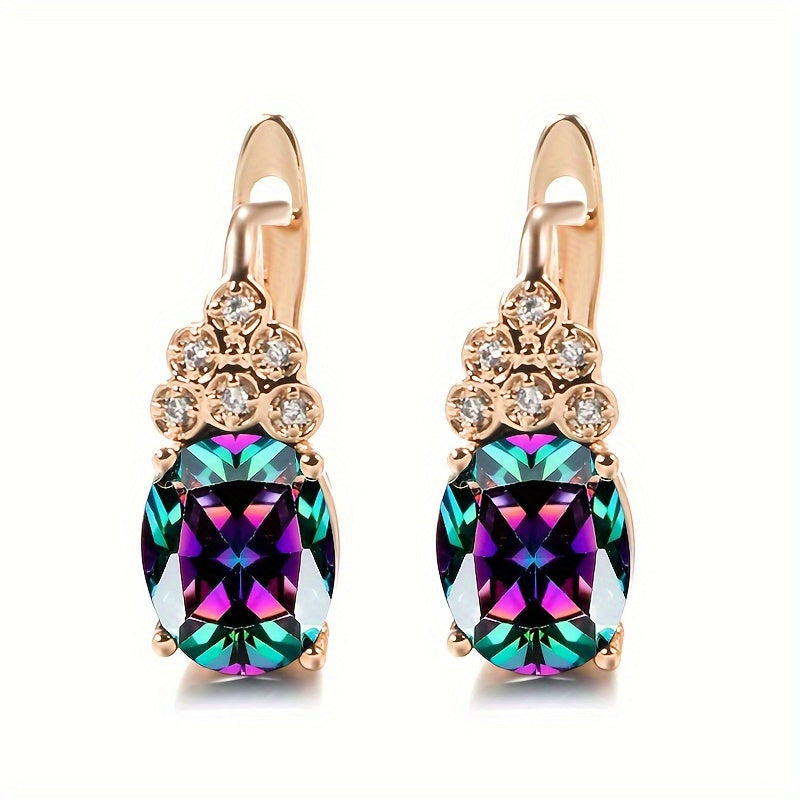 Copper drop earrings with oval faux square diamonds and mixed-color stone, wedding jewelry, Valentine's gifts, dress-up game accessories