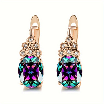 Copper drop earrings with oval faux square diamonds and mixed-color stone, wedding jewelry, Valentine's gifts, dress-up game accessories