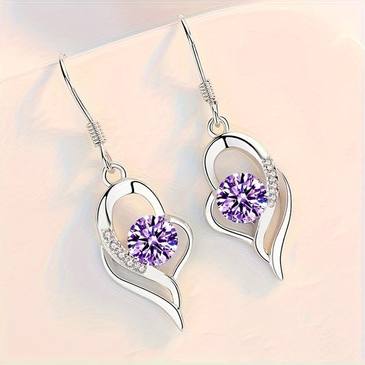 1 pair, elegant and classic style, silver irregular heart-shaped pendant earrings, inlaid with shiny colored round zircon, suitable for women, fashionable and exquisite daily wear accessories