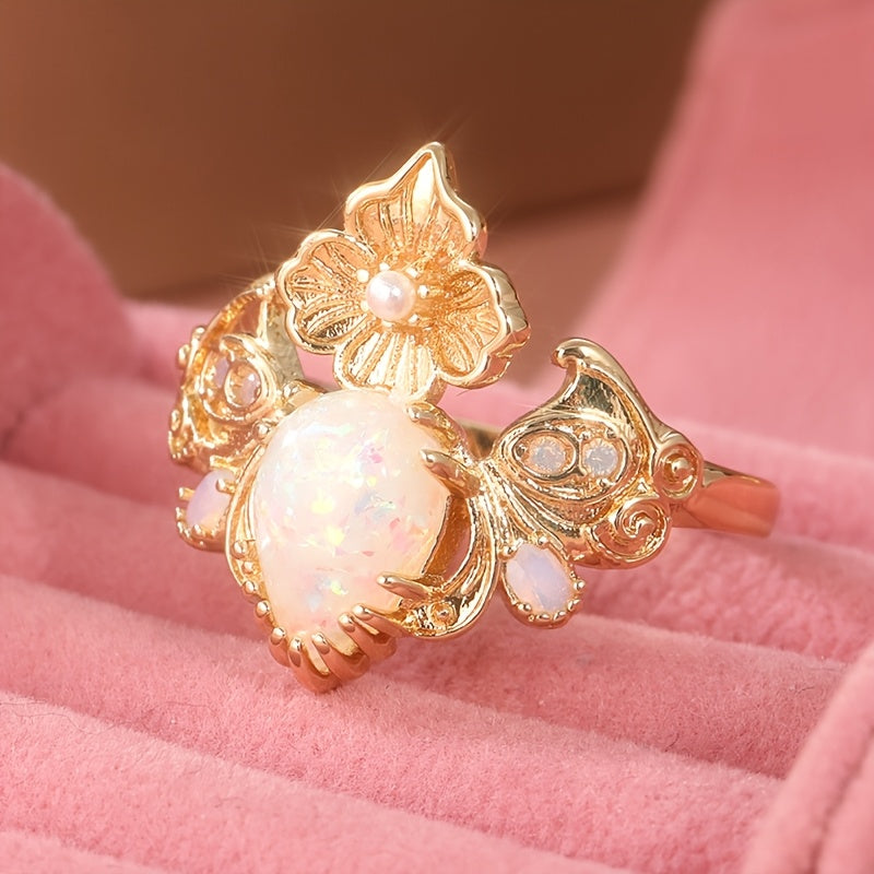 Vintage bohemian 14K gold-plated copper ring with handmade floral design and opal inlay for Casual Attire and gift giving, the perfect Christmas jewelry gift
