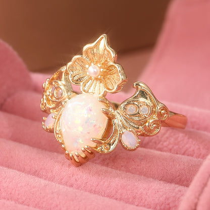 Vintage bohemian 14K gold-plated copper ring with handmade floral design and opal inlay for Casual Attire and gift giving, the perfect Christmas jewelry gift