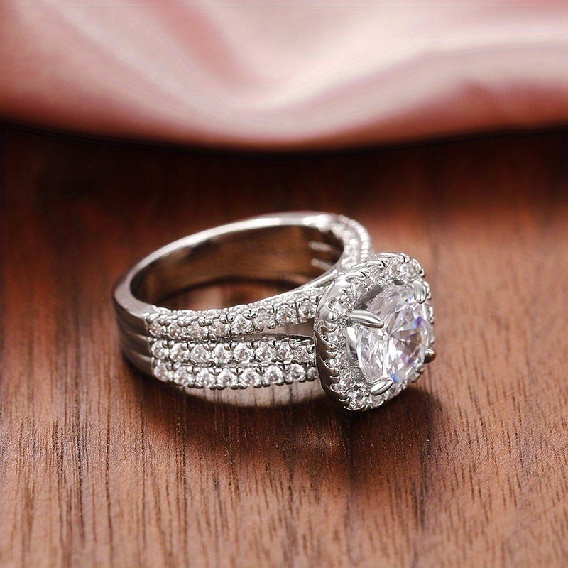 Women's micro-set zircon three-row ring, engagement, wedding, casual party jewelry