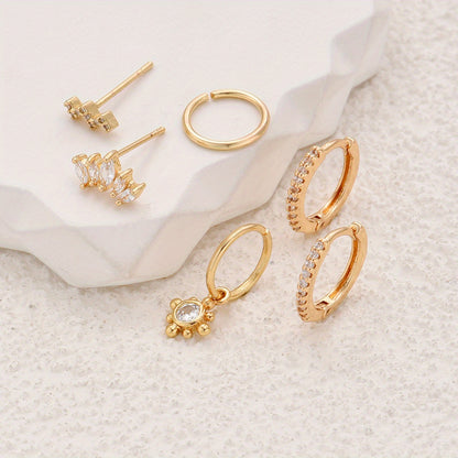 6-Piece Bohemian vintage copper earrings set, synthetic zircon inlay, round and geometric studs and earrings, fashion jewelry for women's daily and party occasions