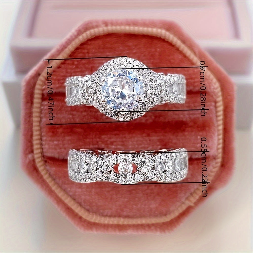 2pcs Elegant Wedding Ring Set with Minor Zircon - Luxury Copper Engagement Ring, April Birthstone, Perfect for Holiday and Casual Dresses, Special Occasion Rings | Elegant Ring Designs | Copper Bottom Rings, Wedding Ring Set for Couples