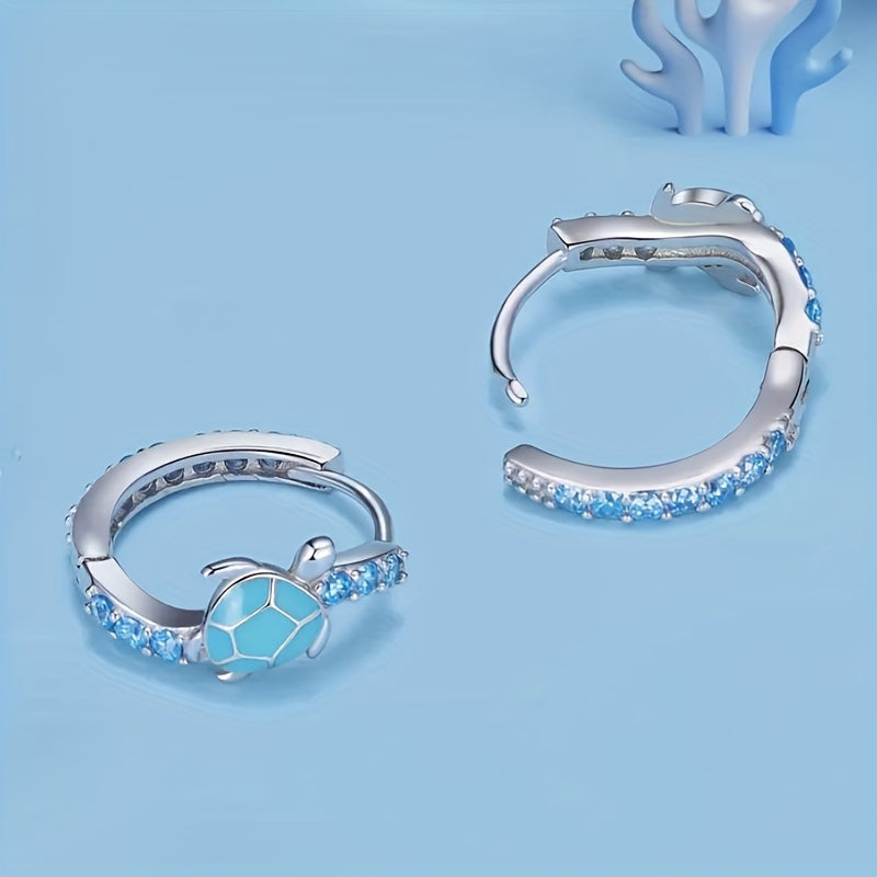 Ladies' elegant bohemian turtle earrings with synthetic sapphire, March birthday stone, nickel-free copper, animal-themed design, suitable for daily and party wear