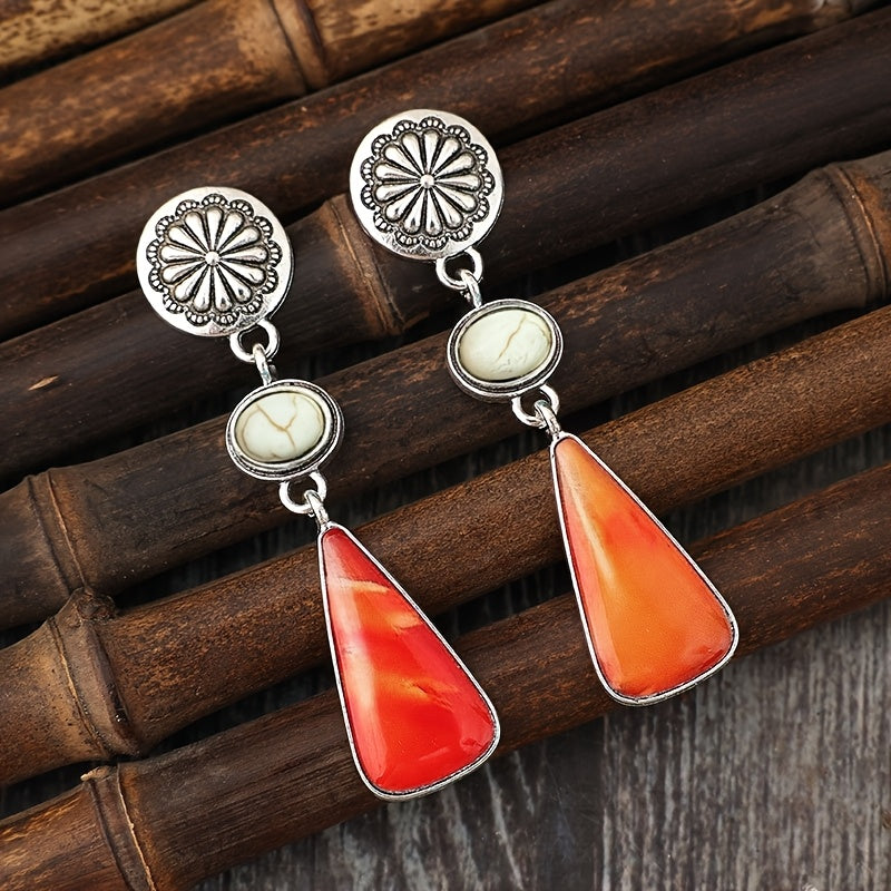 1 pair of bohemian lapis lazuli fringed earrings, vintage western ladies gift, alloy iron earplugs, silver tone, carved lapis lazuli resin lop earrings