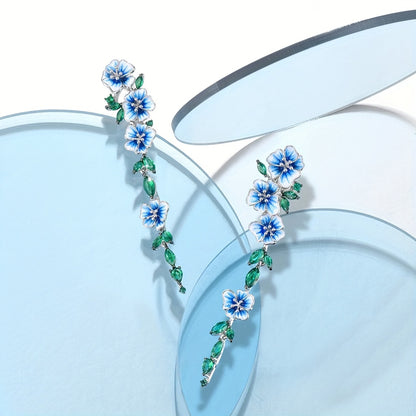 Exquisite 925 Silver Enamel Flower Inlaid Leaf Long Earrings Ladies Elegant Jewelry Summer Party Gift