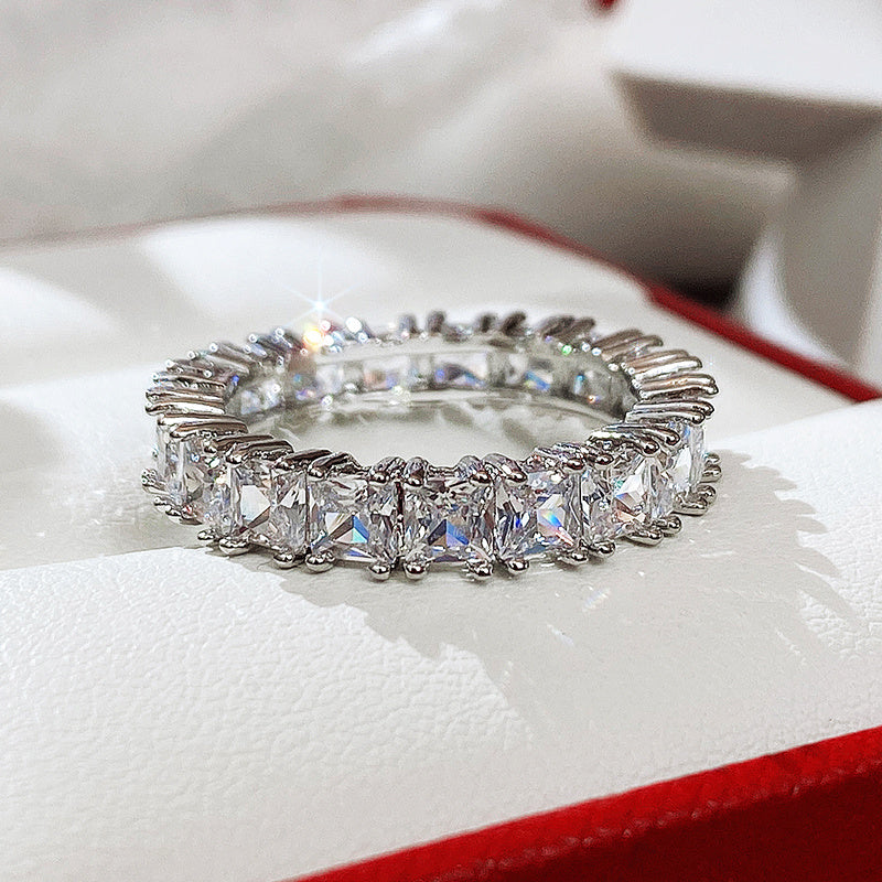 Ladies Fashion Silver Princess Cut White Zircon Eternity Ring