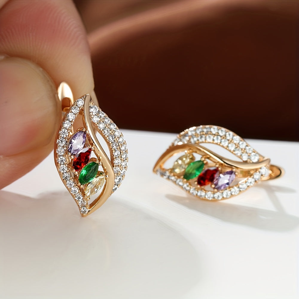 A pair of luxurious horse eye cut colorful gemstone earrings, zircon pendant hollow leaf style wedding earrings