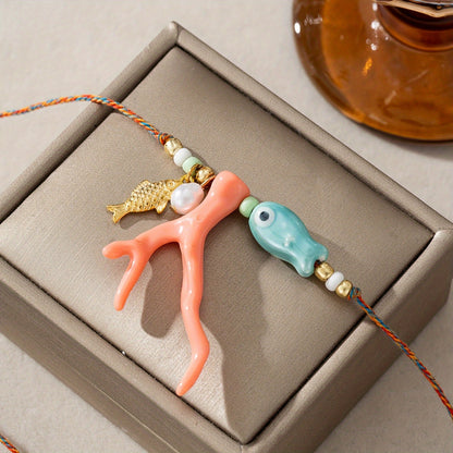 Handmade Ceramic Fish and Coral Pendant Necklace, Bohemian Style, Adjustable Cord Collarbone Chain, Beach Vacation Jewelry Accessories - No Plating, Daily & Holiday Wear