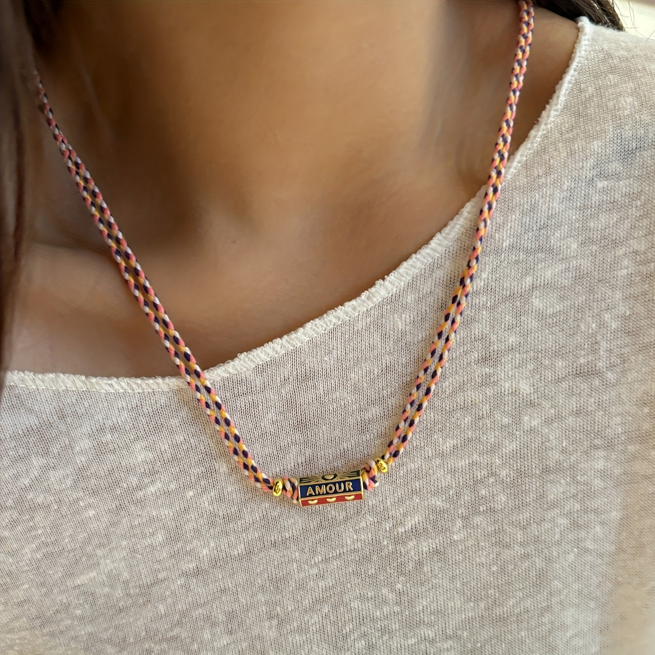 A tribal style handwoven rope pendant necklace for women with copper metal letter pendant - stylish vacation party jewelry accessories, unplated - daily and party wear, suitable for all seasons (1 piece)