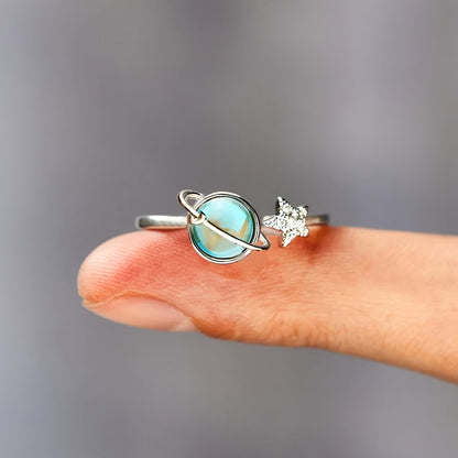 Elegant Adjustable Ring with Blue Synthetic Gemstone - Stylish Earth and Moon Design for Casual Attire or Perfect Gift for Friends/Lovers/Family