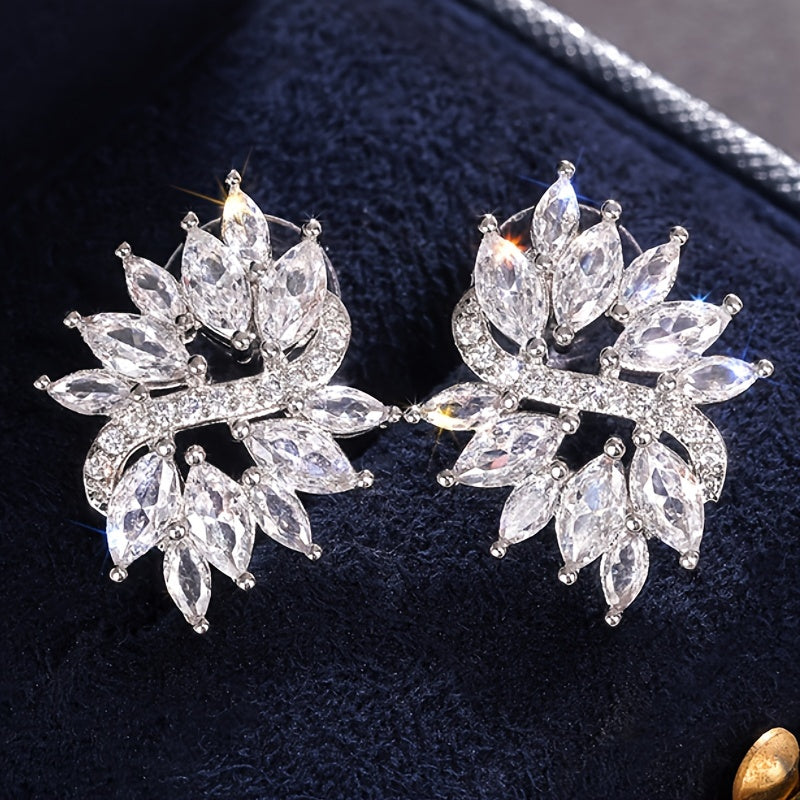 1 pair of women's fashion stud earrings, beautifully inlaid horse eye-cut synthetic zircon flower stud earrings, bride wedding engagement wedding earrings