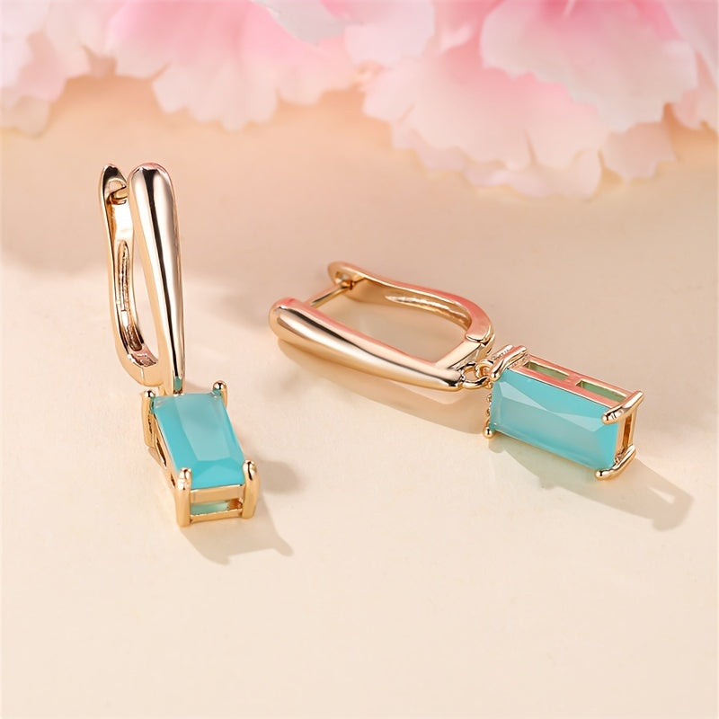 [Elegant Style] Elegant Teal Zirconia Geometric Pendant Earrings - Ladies Gold Fashion Jewelry, Suitable for Weddings and Parties, with Sparkling Square Crystal Zircon Embellishment, Stylish Earrings