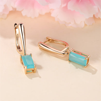 [Elegant Style] Elegant Teal Zirconia Geometric Pendant Earrings - Ladies Gold Fashion Jewelry, Suitable for Weddings and Parties, with Sparkling Square Crystal Zircon Embellishment, Stylish Earrings
