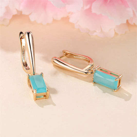 [Elegant Style] Elegant Teal Zirconia Geometric Pendant Earrings - Ladies Gold Fashion Jewelry, Suitable for Weddings and Parties, with Sparkling Square Crystal Zircon Embellishment, Stylish Earrings
