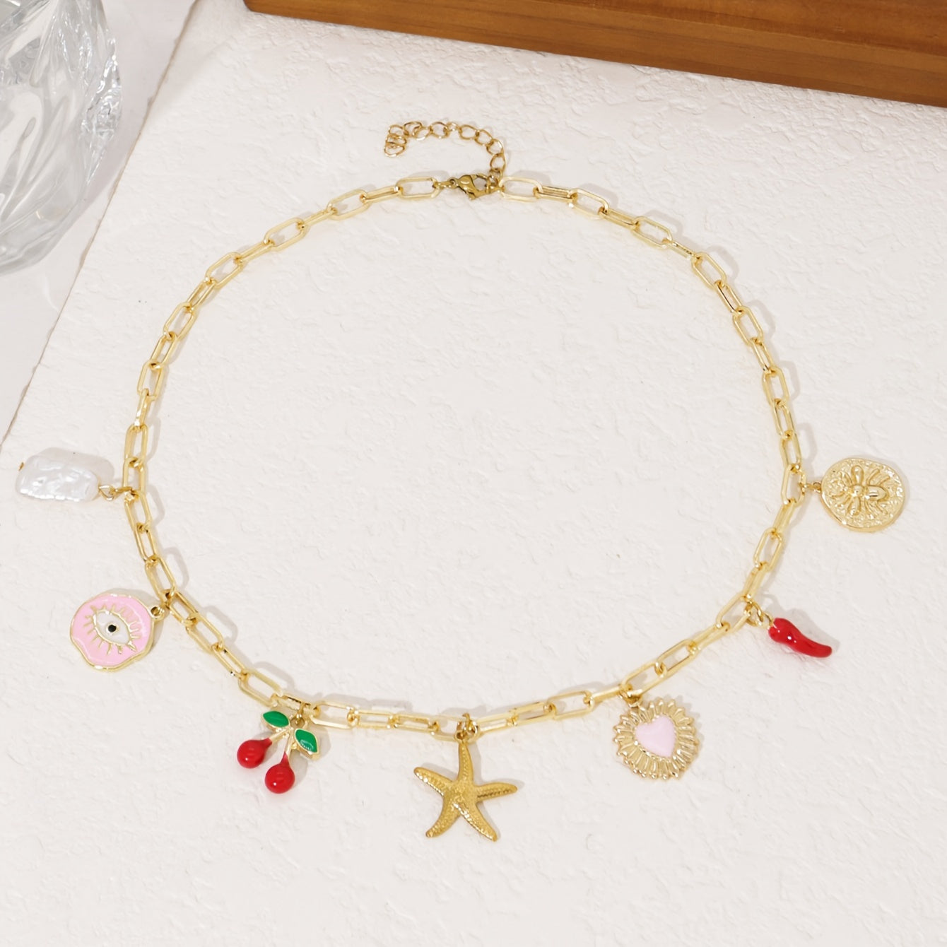 Ladies Charm Pendant Necklace - Vintage Elegant Style, Copper Chain with Star Fish, Cherry, Evil Eye, Medal Pendant, Suitable for Daily Wear and Parties