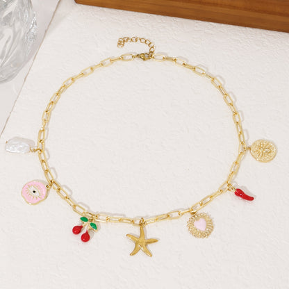 Ladies Charm Pendant Necklace - Vintage Elegant Style, Copper Chain with Star Fish, Cherry, Evil Eye, Medal Pendant, Suitable for Daily Wear and Parties