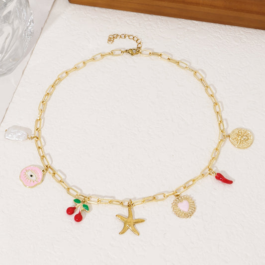 Ladies Charm Pendant Necklace - Vintage Elegant Style, Copper Chain with Star Fish, Cherry, Evil Eye, Medal Pendant, Suitable for Daily Wear and Parties