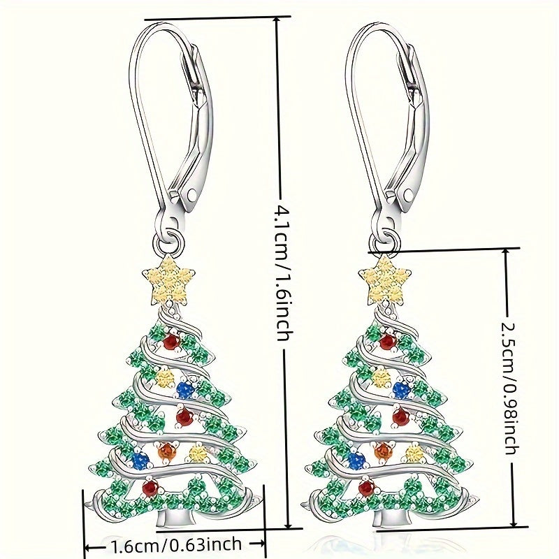 Festive, elegant Christmas tree pendant earrings set with shiny cubic zirconia - nickel-free copper for everyday wear and parties