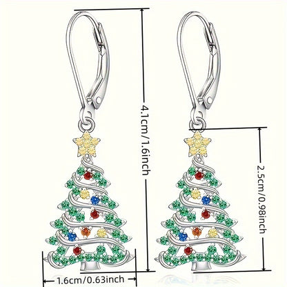 Festive, elegant Christmas tree pendant earrings set with shiny cubic zirconia - nickel-free copper for everyday wear and parties