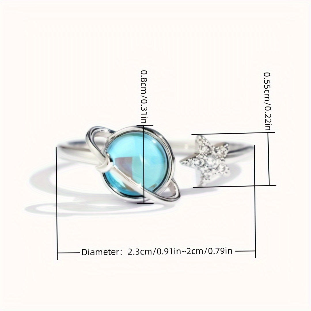 Elegant Adjustable Ring with Blue Synthetic Gemstone - Stylish Earth and Moon Design for Casual Attire or Perfect Gift for Friends/Lovers/Family