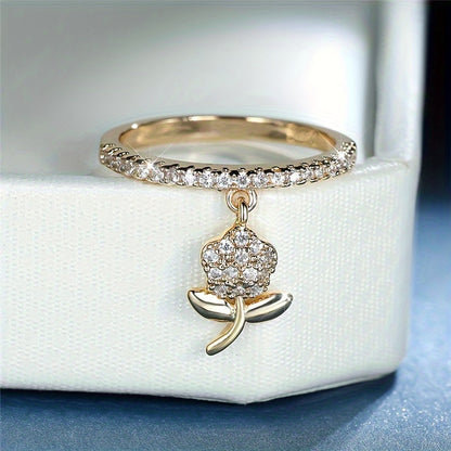 Cute 18k Gold Plated Ring With A Flower Pendant Inlaid Zirconia Engagement Wedding Ring For Female Party Accessory