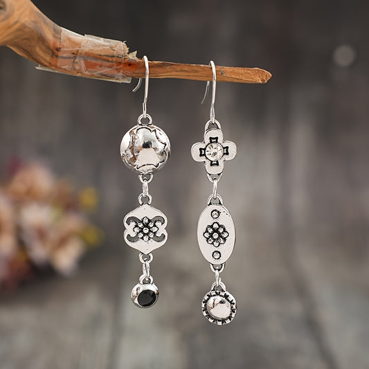 A pair of new retro punk style asymmetrical pattern flower geometric pendant alloy earrings