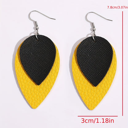 Simple double-layer solid color leaf PU leather earrings