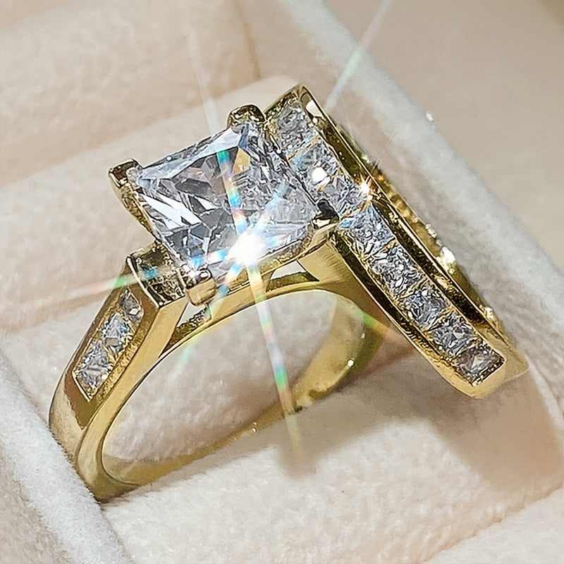 Elegant promise ring set with sparkling zircon, square design, engagement wedding ring, symbolizing elegance and beauty (excluding box)