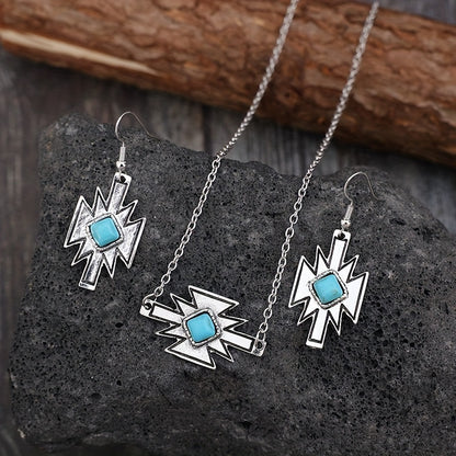 Bohemian style inlaid square turquoise geometric pendant necklace ethnic style pendant necklace silver plated accessories