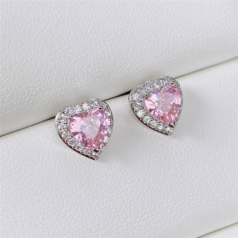 Heart stud earrings set with colorful shiny zircon romantic wedding stud earrings engagement party jewelry