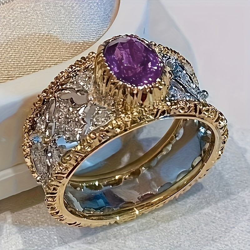 Vintage fine Zirconia wide ring set with purple synthetic gemstones, ladies' elegant jewelry, engagement wedding jewelry, anniversary gift