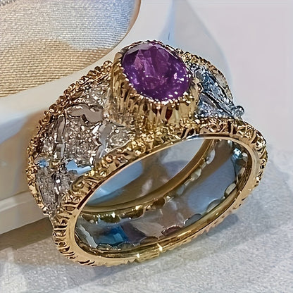Vintage fine Zirconia wide ring set with purple synthetic gemstones, ladies' elegant jewelry, engagement wedding jewelry, anniversary gift