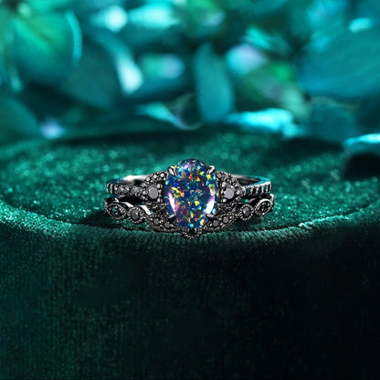 Two-piece Gothic Egg Synthetic Australian Dark Collection Halloween Promise Ring Set