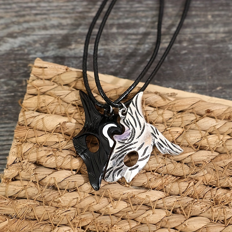 2 pieces/set asymmetrical fox wolf pendant personalized retro hollow couple style necklace women and men