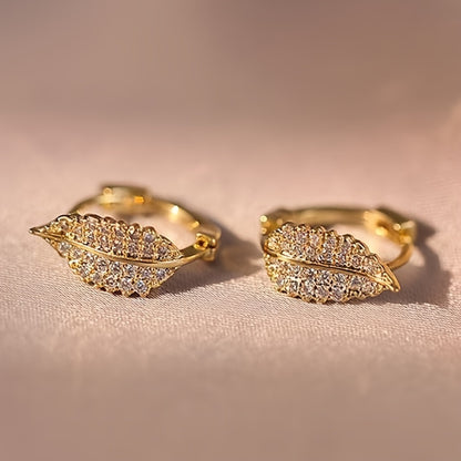 Leaf design loop earrings, copper jewelry, Zirconia inlaid, elegant retro style, Women's daily wear