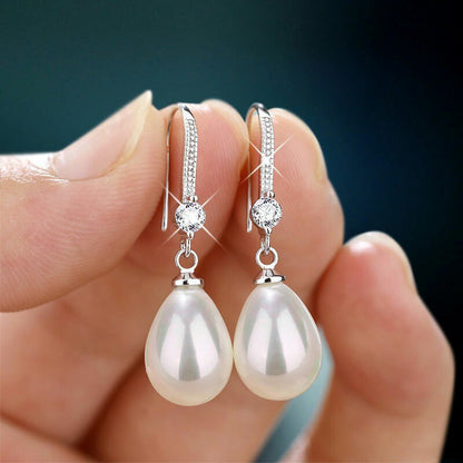 Hook 925 Silver Plated Pearl Pendant Earrings Ladies Bride Engagement Wedding Pendant Earrings Jewelry Gift