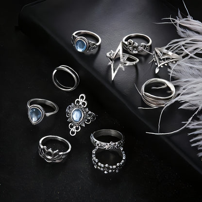 11-Piece Bohemian ring set, classic silver-plated alloy, with faux crystal parquet, vintage engraved flower design, inlaid with rhinestones