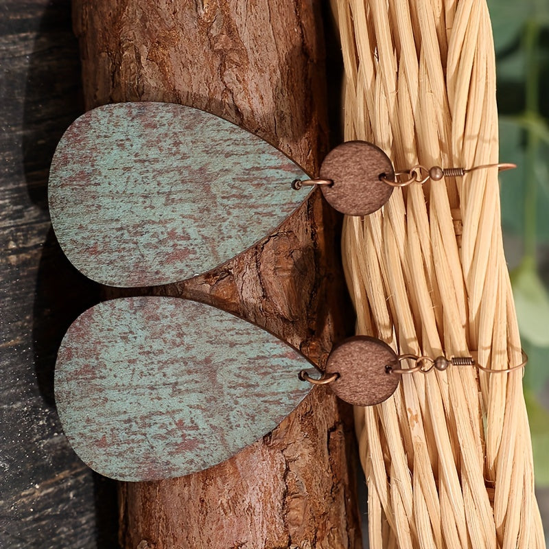Retro drop-shaped faux-old wood grain pendant earrings, retro bohemian style fashion holiday earrings